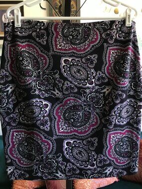 ANN TAYLOR size 12 Black Purple & Wine Persian Print Stretch Ponte Knit Skirt